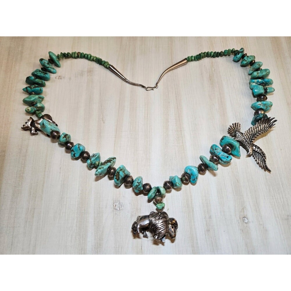 Vintage 26" Turquoise Nugget Necklace Sterling Eagle Buffalo Moose 130g